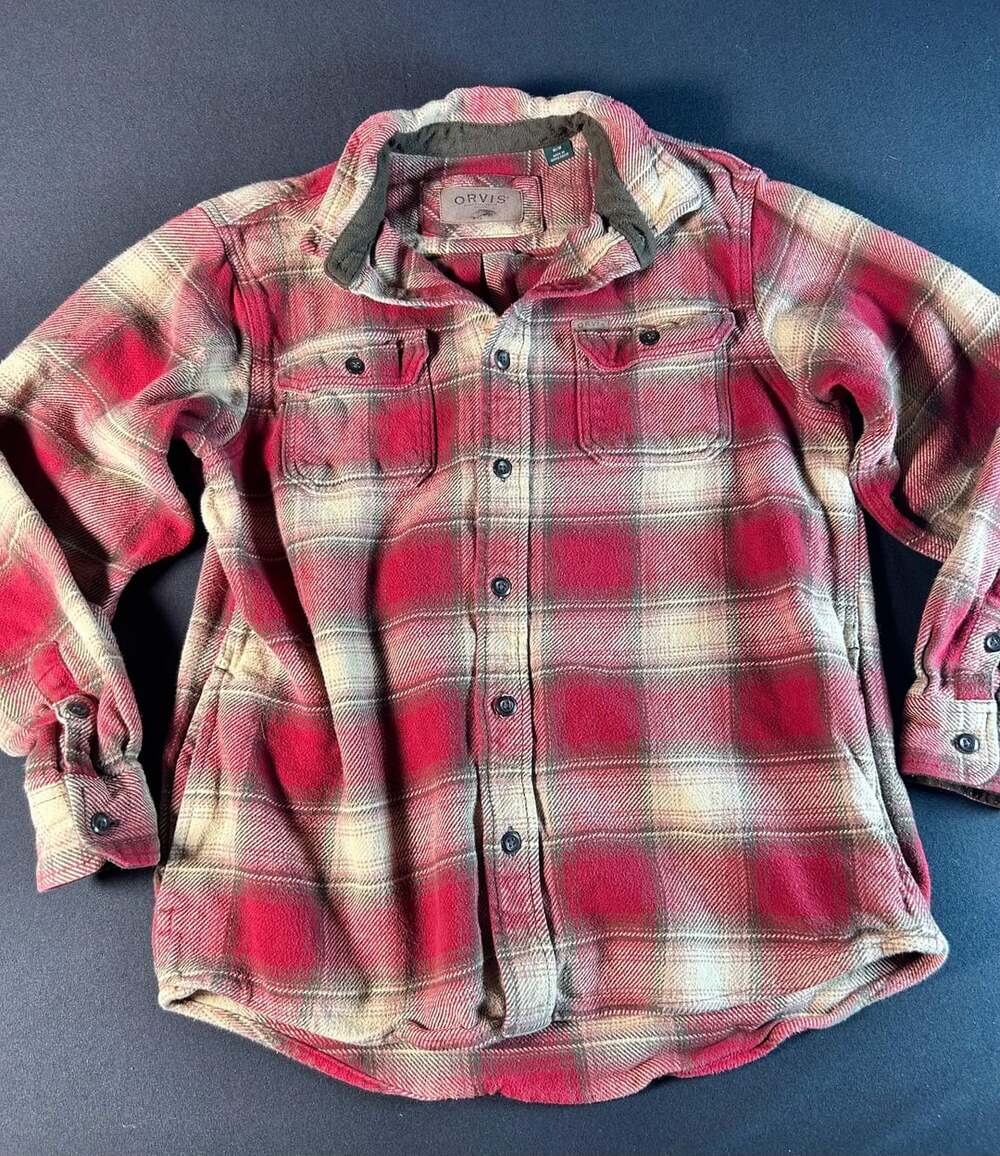 Orvis Fleece Lined Plaid Flannel Shirt Jacket XL Red Brown Button Front